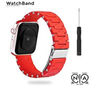 Native Audio Apple Watch Pro Paslanmaz Çelik 42 - 44 - 45 - 49 mm Silikon Tokalı Akıllı Saat Kordonu Kırmızı