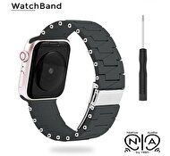 Native Audio Apple Watch 42 - 44 - 45 - 49 mm Silikon Paslanmaz Çelik Tokalı Akıllı Saat Kordonu Gri Koyu