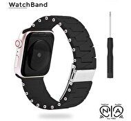 Native Audio Apple Watch 42 - 44 - 45 - 49 mm Silikon Paslanmaz Çelik Tokalı Akıllı Saat Kordonu Siyah