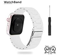 Native Audio Apple Watch 42 - 44 - 45 - 49 mm Silikon Paslanmaz Çelik Tokalı Akıllı Saat Kordonu Beyaz