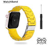 Native Audio Apple Watch 42 - 44 - 45 - 49 mm Silikon Paslanmaz Çelik Tokalı Akıllı Saat Kordonu Sarı