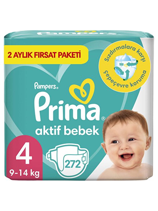 Prima Aktif 9 - 14 kg 4 Numara Aylık Fırsat Paketi Bebek Bezi 272 Adet