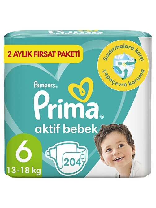 Prima Aktif 13 - 18 kg 6 Numara Aylık Fırsat Paketi Bebek Bezi 204 Adet