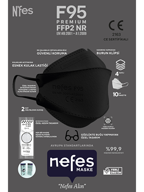 N'fes F95 Premium Kore Tipi(KF94) Siyah N95 Maske İso ve CE Belgeli 1 Kutu 10 Adet
