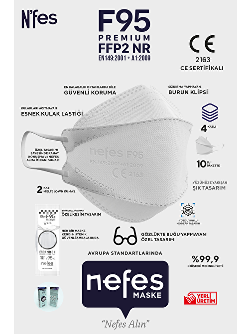 N'fes F95 Premium Beyaz Kore Tipi N95(KF94) Maske 1 Kutu 10 Adet