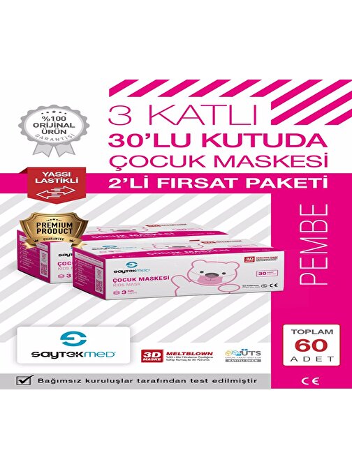 Premium Pembe Çocuk Maskesi, Meltblown Filtreli,yassı Kulak Ipli (2 kutu/ 60 adet)