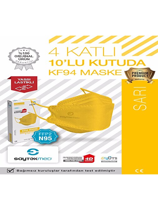 Kf94 Kore Tipi 4 Katlı Sarı Maske, Tekli Poşetli Uv Steril (1 KUTU/10 ADET)