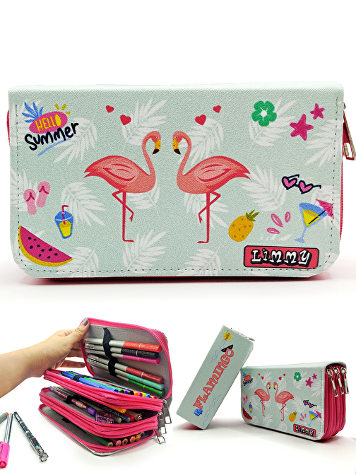 Ikili Flamingo Desenli Modelist Kalem Kutusu Üç Bölmeli Kalemlik