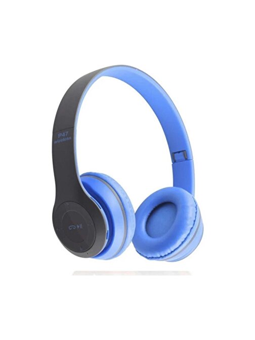 P47 Kulak Üstü Kablosuz Bluetooth Aux ve Hafıza Kartı Girişli Kulaklık MAVİ Renk