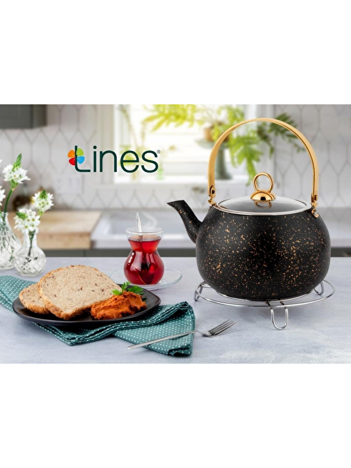 Lines Orkide Altın Metal Kulp Granit Tek Demlik Siyah-3,5 Lt