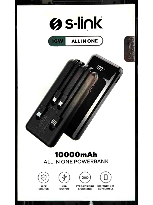 S-Link 3in1 10000 mAh USB Kablolu Powerbank Siyah