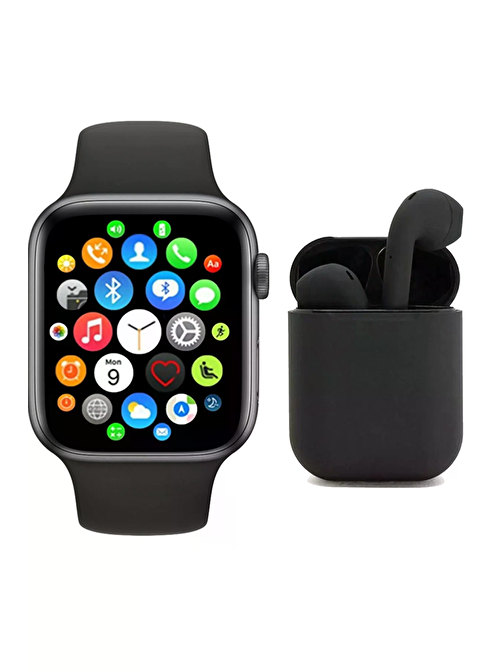 Aktel Watch T500 Plus++Akıllı Saat T500 Plus + Uyumlu Airpods Kablosuz Kulaklık Ikili Siyah Set Ios Android Smartwatch Ti12S