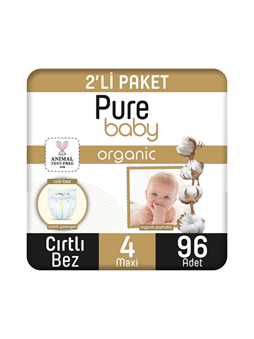 Pure Baby Organik Pamuklu Cırtlı 4 Numara Bebek Bezi 96 Adet