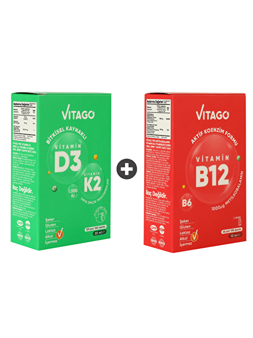 Vitago 2’Li Paket - Vitago D3 Vitamini, K2 Vitamini, 20 Ml Sprey + Vitago B12 Vitamini, 10 Ml Sprey