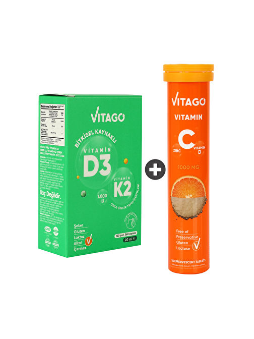 Vitago 2’Li Paket – Vitago D3 Vitamini, K2 Vitamini, 20Ml Sprey + Vitago C Vitamini, 20'Li Efervesan