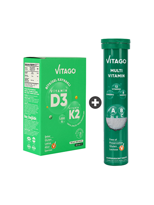 Vitago 2’Li Paket – Vitago D3 Vitamini, K2 Vitamini, 20Ml Sprey + Vitago Multivitamin, 20'Li Efervesan