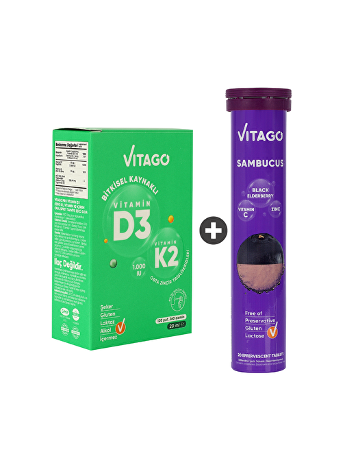 Vitago 2’Li Paket – Vitago D3 Vitamini, K2 Vitamini, 20Ml Sprey + Vitago Sambucus 20 Efervesan Tablet