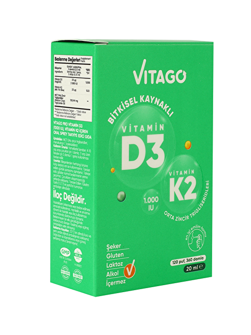 Vitago D3 Vitamini 1000 Iu + K2 Vitamini İçeren 20 Ml Bitkisel Bazlı Sprey