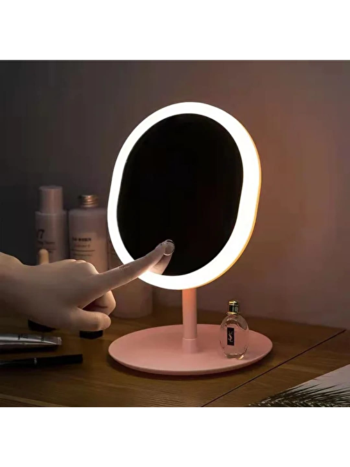 Gead Store Dokunmatik Led Işıklı Usb Li Oval  Masa Üstü Makyaj Aynası Led Işıklı 3 Kademeli