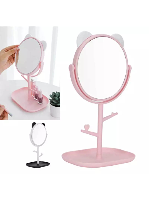 Gead Store Makyaj Aynası Kedi Kulaklı Masa Üstü Oval Makyaj Aynası-Pembe Aksesuar Standlı