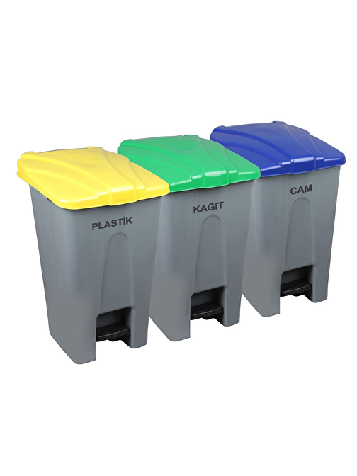 Safell Pedallı Kağıt Plastik Cam Ayrıştırma Kovası - Çöp Konteyneri - 70+70+70=210Litre