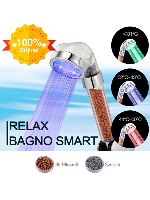 Relax Bagno Led Işıklı Su Tasarruflu Arıtmalı Duş Başlığı - Isıya Duyarlı