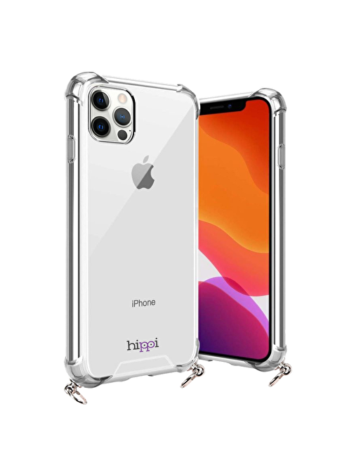 Hippi Hippi iPhone 12 Pro Uyumlu Darbe Emici Dayanıklı Sert Şeffaf Silikonlu Askılı Telefon Kılıfı