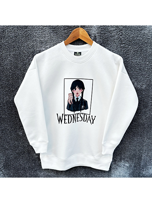 Çocuk  WEDNESDAY  Oversize Baskılı Pamuklu  Uzun  Kollu Bisiklet Yaka Sweatshirt