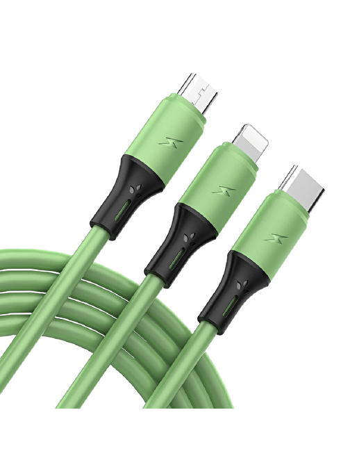 Native Audio Apple 3in1 Lightning - Micro USB - Type-C Hızlı Şarj Kablosu 1.2 m Yeşil