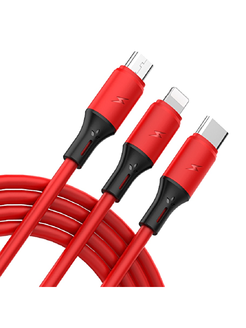 Native Audio Apple 3in1 Lightning - Micro USB - Type-C Hızlı Şarj Kablosu 1.2 m Kırmızı