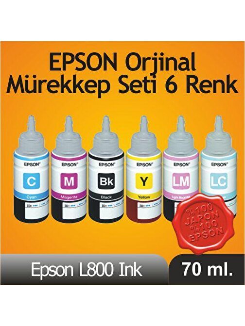 Epson L800 - L810 - L850 - L1800 Muadil 6 Renkli Mürekkep Seti 70 Ml