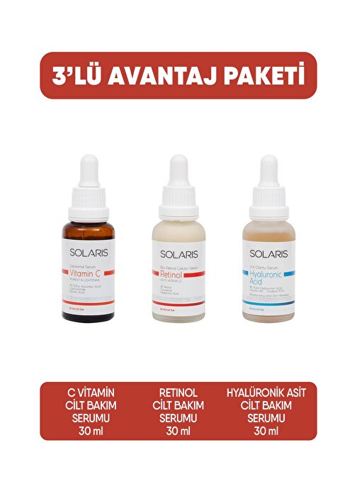 Solaris Retinol Cilt Bakım Serumu+ Hyaluronic Acid Cilt Bakım Serumu+C Vitamin Cilt Bakım Serumu