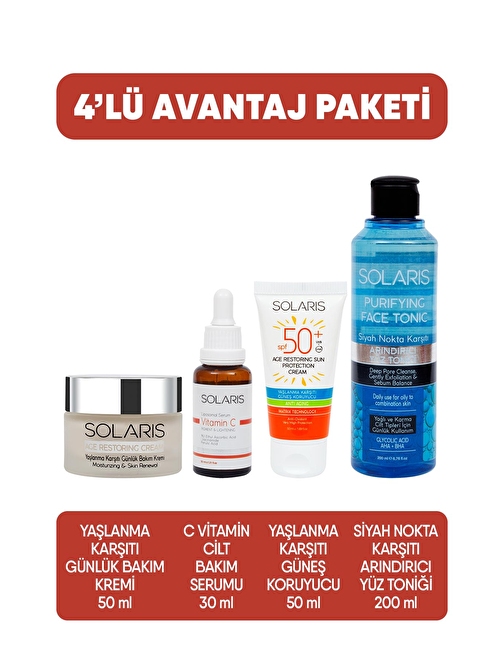 Solaris Avantaj Paketi C Serum + Yaşlanma Karşıtı Bakım Kremi + Yaşlanma Karşıtı Güneş Kremi +Tonik