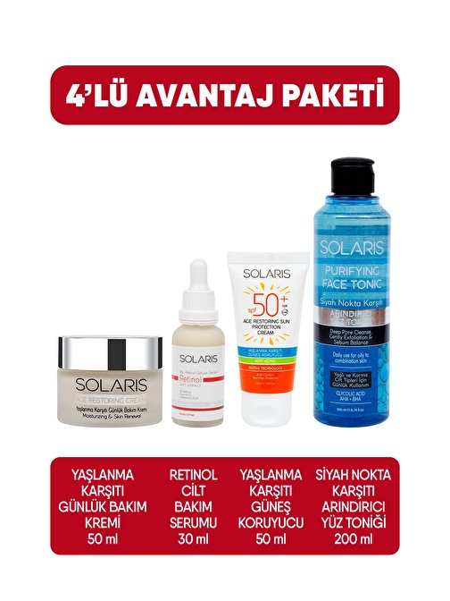 Solaris Avantaj Paketi Retinol Serum+Yaşlanma Karşıtı Krem+Yaşlanma Karşıtı Güneş Kremi+Tonik