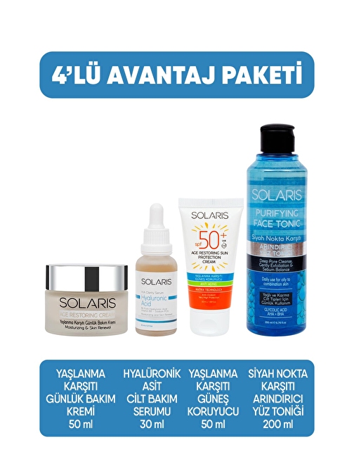 Solaris Avantaj Paketi Hyaluronic Acid Serum+Yaşlanma Karşıtı Krem+Yaşlanma Karşıtı Güneş Krem+Tonik