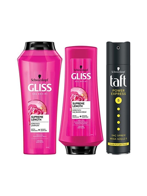 Schwarzkopf Gliss Supreme Lenght Şampuan 500 Ml + Saç Kremi 360 Ml + Taft Power Express Saç Spreyi 250 Ml