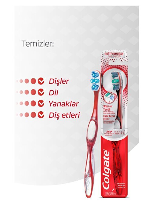 Colgate 360 Gelişmiş Optik Beyaz Yumuşak Beyazlatıcı Diş Fırçası 2 Adet + Diş Fırçası Kabı Hediye