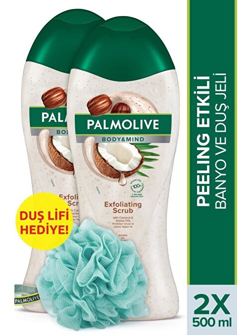 Palmolive  Body & Mind Hindistan Cevizi Peeling Etkili Banyo Ve Duş Jeli 500 ml  x 2 Adet + Duş Lifi Hediye