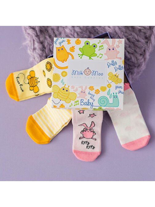 Milk&Moo 012 Unisex Arı Vız Vız İle Çançin Bebek Çorabı 4'lü Set Renkli 0 - 6 Ay