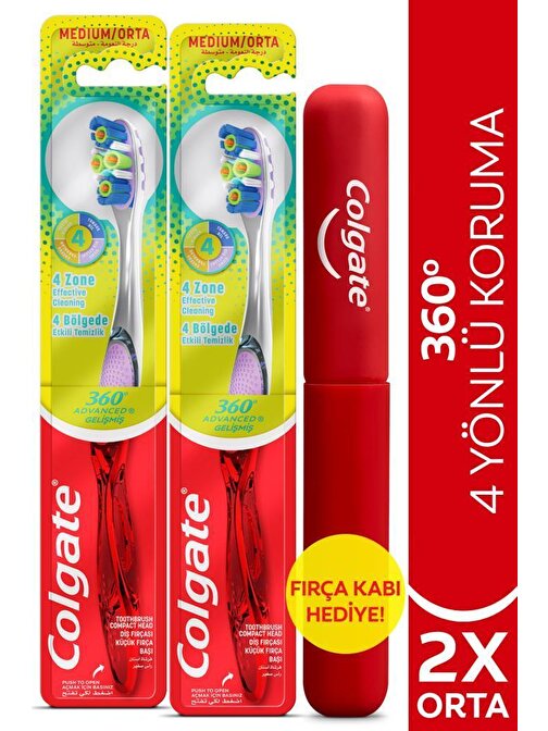 Colgate 360 Gelişmiş 4 Yönlü Koruma Orta Diş Fırçası 2 Adet + Diş Fırçası Kabı Hediye