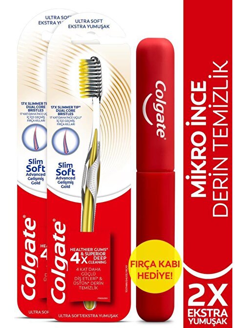 Colgate Mikro İnce Gelişmiş Gold Derin Temizlik Ekstra Yumuşak Diş Fırçası x2 Adet + Diş Fırçası Kabı