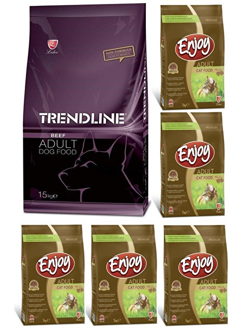 Trendline Dog Biftekli Köpek Maması 15 Kg & Enjoy Tavuk Etli Yetişkin Kedi Maması 1 Kg X 5 Adet