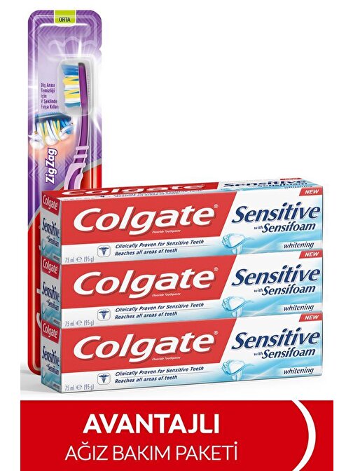 Colgate Sensitive Sensifoam Beyazlatıcı Diş Macunu 75 ml x3 + Zigzag Orta Diş Fırçası