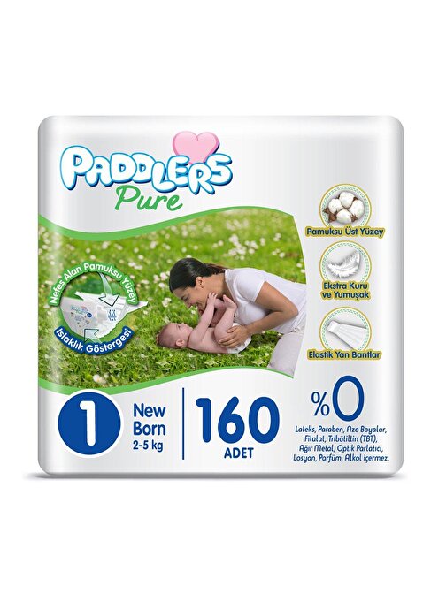 Paddlers Pure 2 - 5 kg 1 Numara Yenidoğan Süper Fırsat Paketi Bebek Bezi 160 Adet