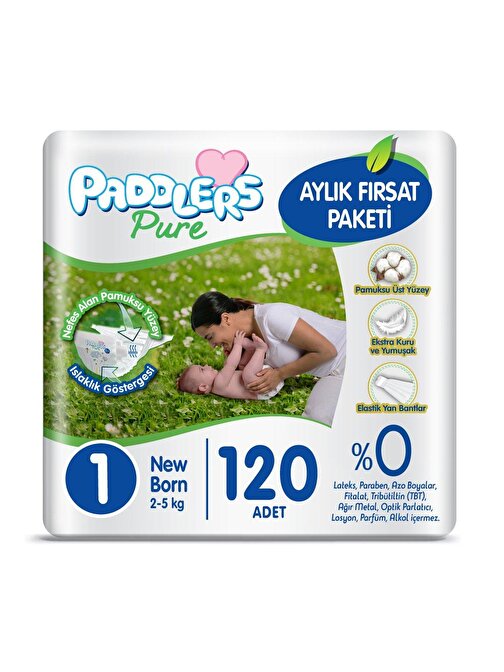 Paddlers Pure 2 - 5 kg 1 Numara Yenidoğan Aylık Fırsat Paketi Bebek Bezi 120 Adet