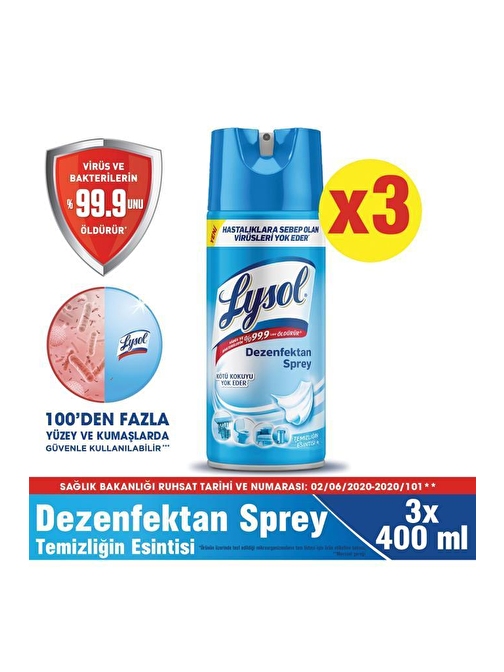 Lysol Dezenfektan Sprey Temizliğin Esintisi 3'lü Yüzeyler Için 3 x 400 ml