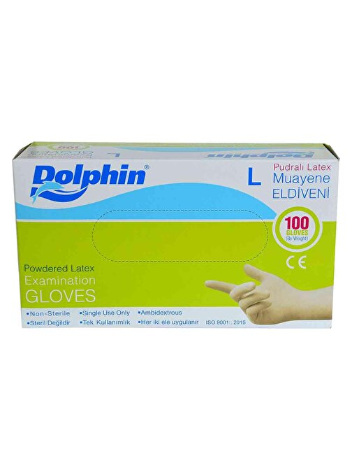 Dolphin Pudralı Beyaz Latex Eldiven Büyük Boy (L) 100 Lü Paket