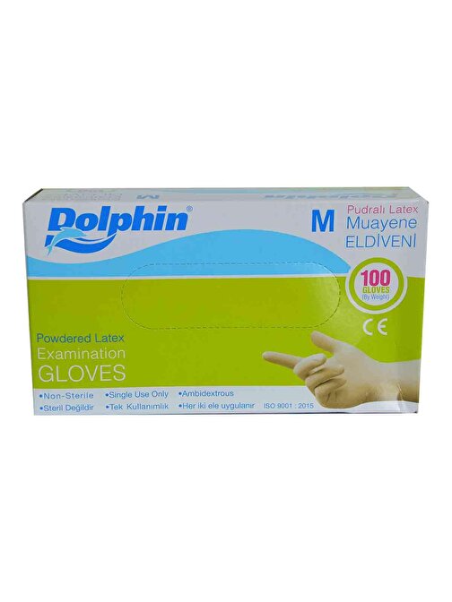 Dolphin Pudralı Beyaz Latex Eldiven Orta Boy (M) 100 Lü Paket