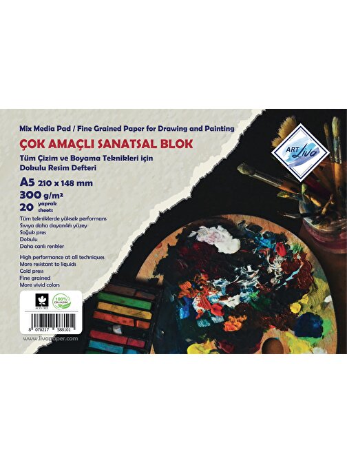 Art Liva 300 gr 14.8x21 A5 20 Yaprak Dokulu Sulu Teknik Sanatsal Resim Defteri