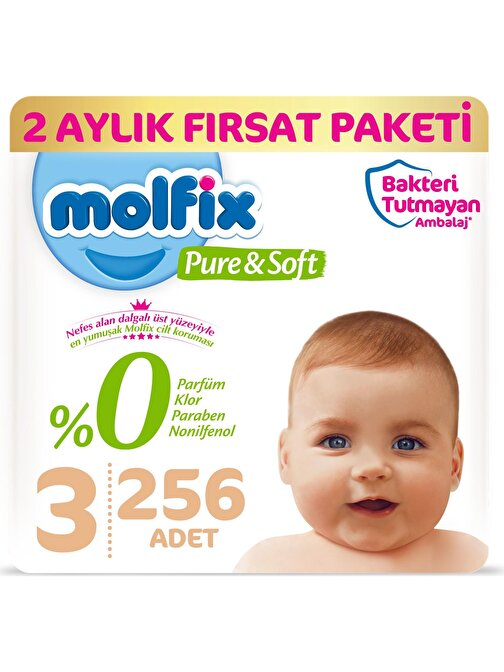 Molfix Pure Soft 4 - 9 kg 3 Numara Aylık Fırsat Paketi Bebek Bezi 256 Adet